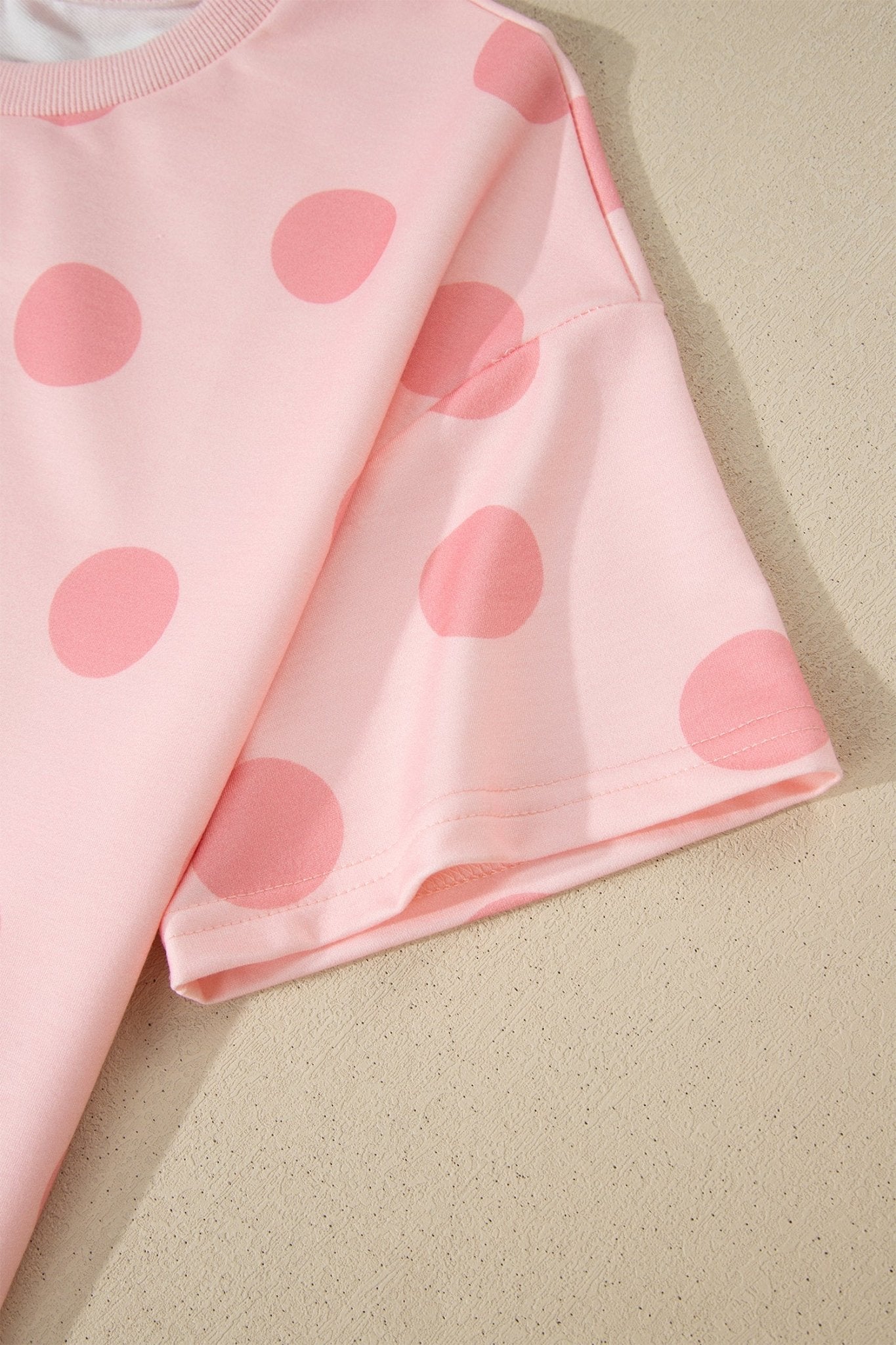 Pink Polka Dot Print Loose Tee Drawstring Elastic Waist Short Set - Crowned Energy CO.