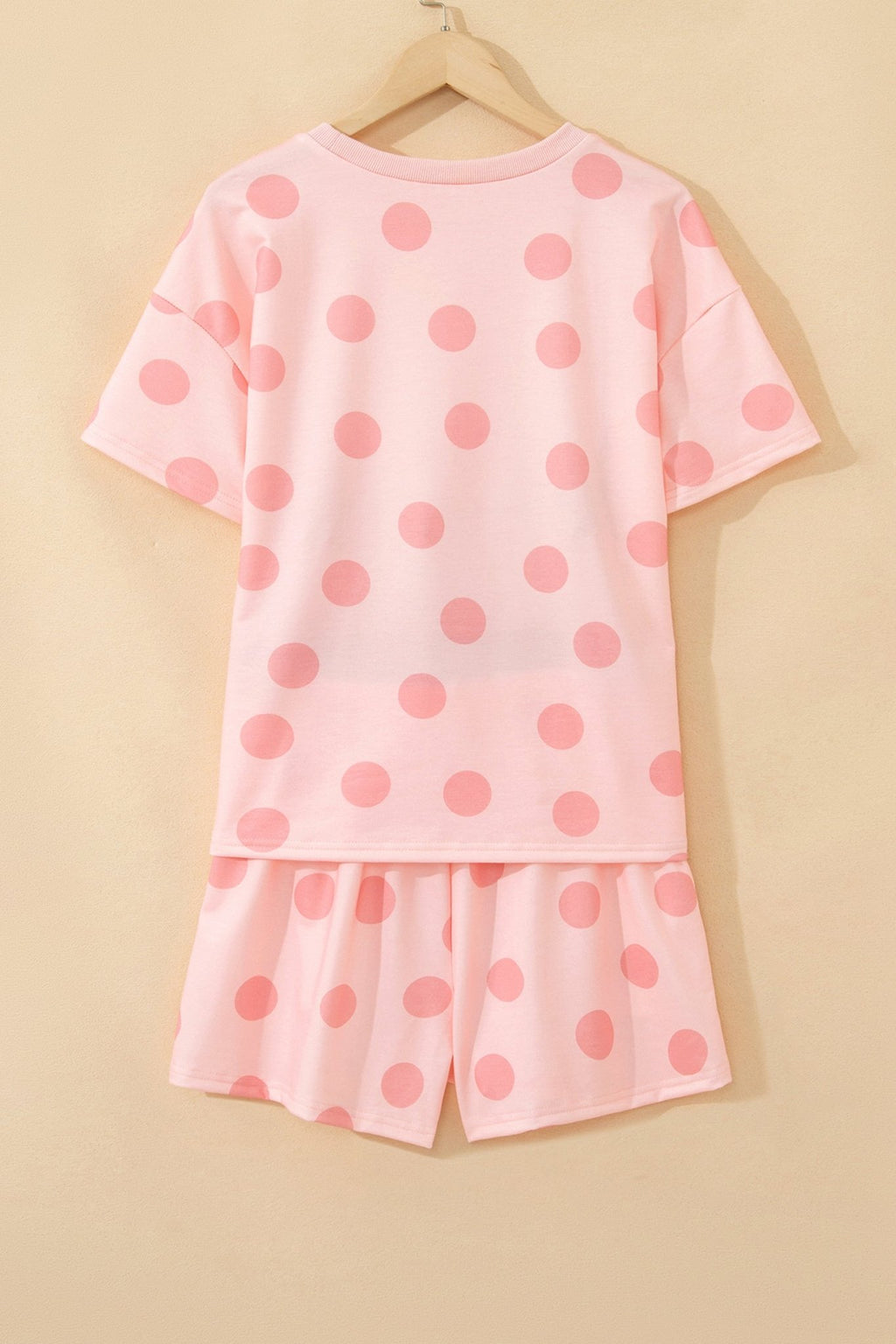 Pink Polka Dot Print Loose Tee Drawstring Elastic Waist Short Set - Crowned Energy CO.