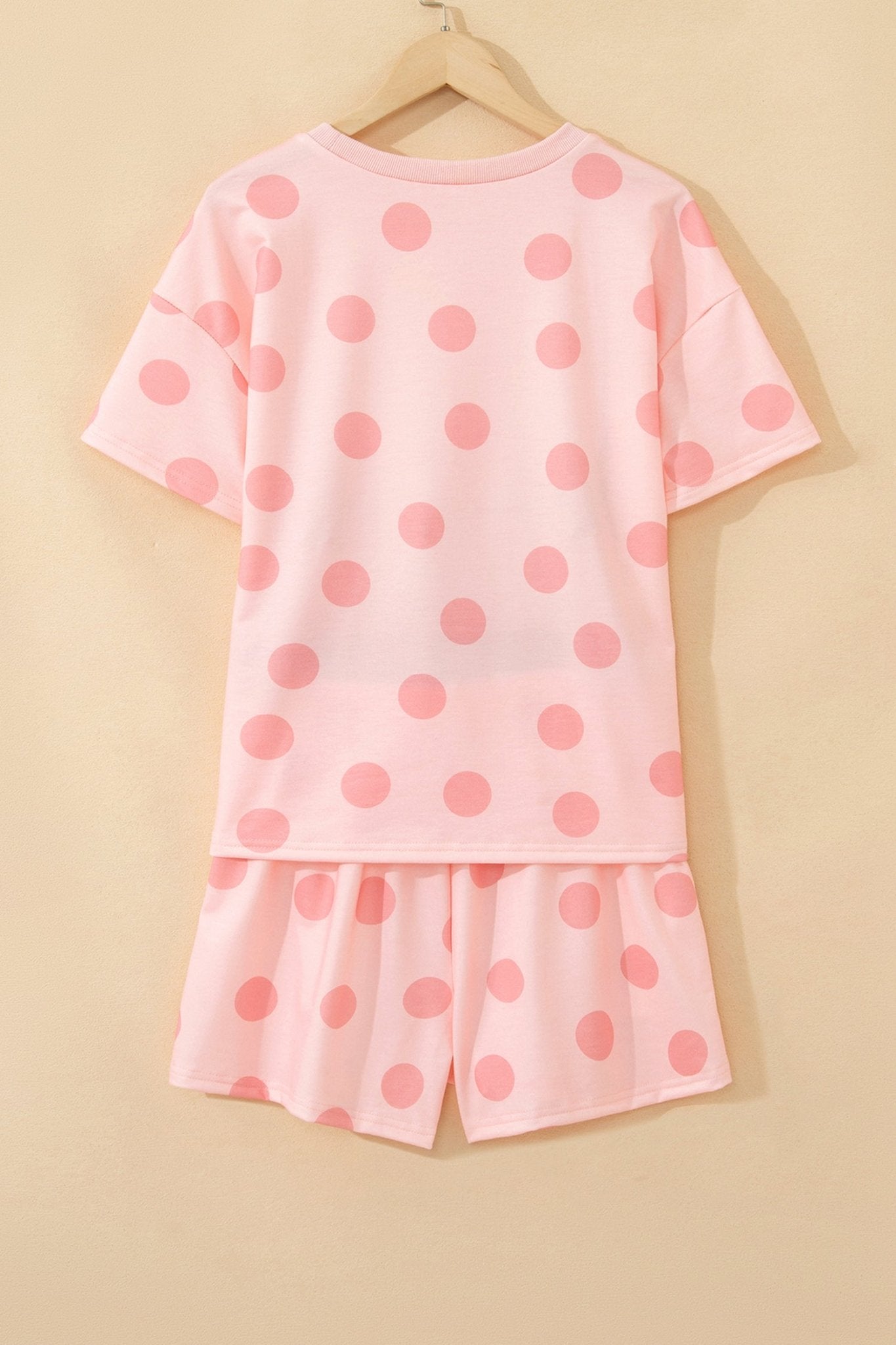 Pink Polka Dot Print Loose Tee Drawstring Elastic Waist Short Set - Crowned Energy CO.