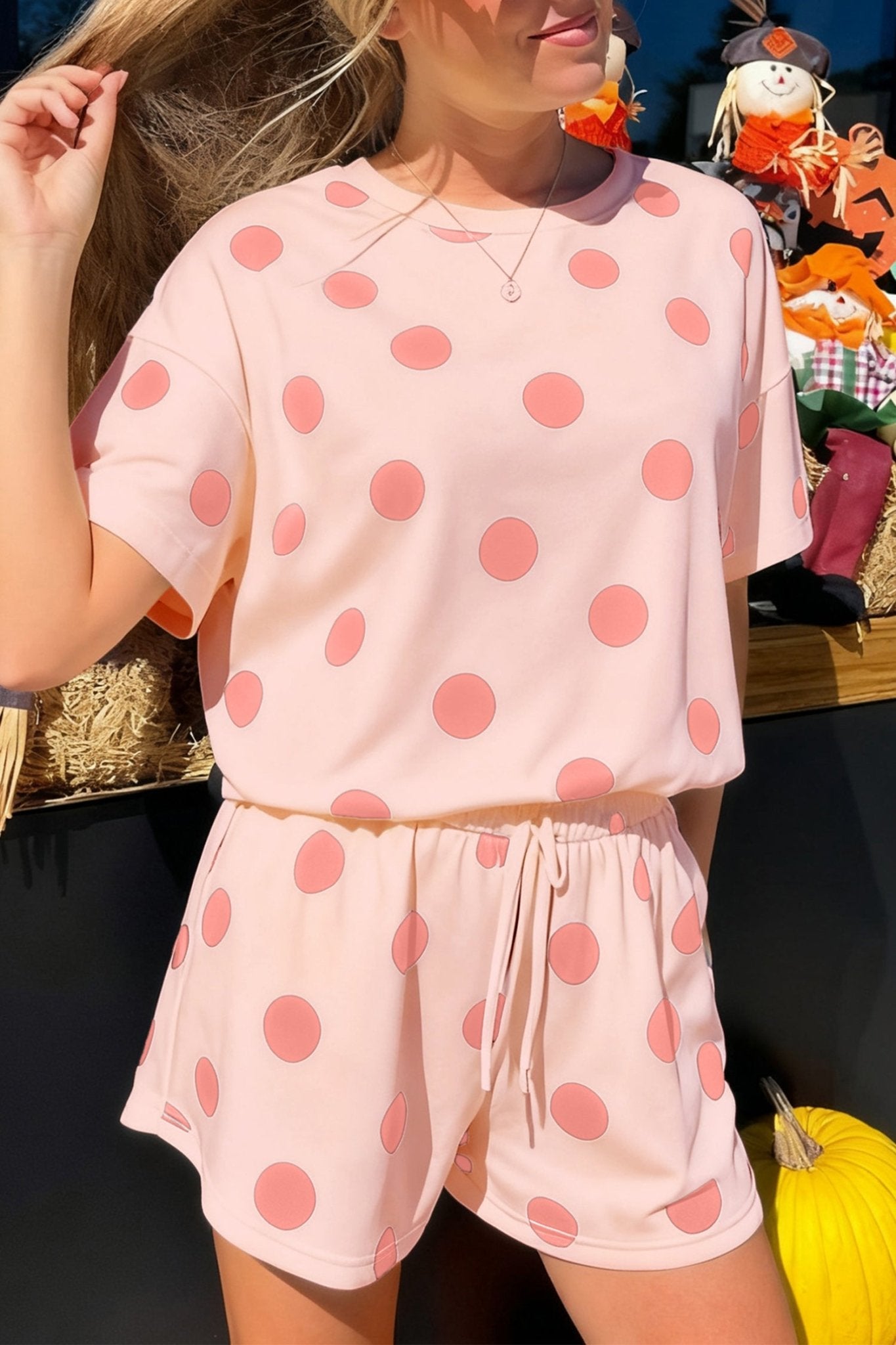 Pink Polka Dot Print Loose Tee Drawstring Elastic Waist Short Set - Crowned Energy CO.