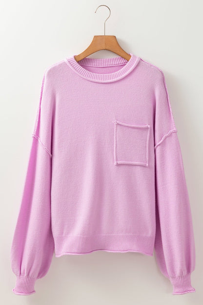 Pink Raw Edge Ribbed Detail Drop Shoulder Sweater - Goddess Vibes