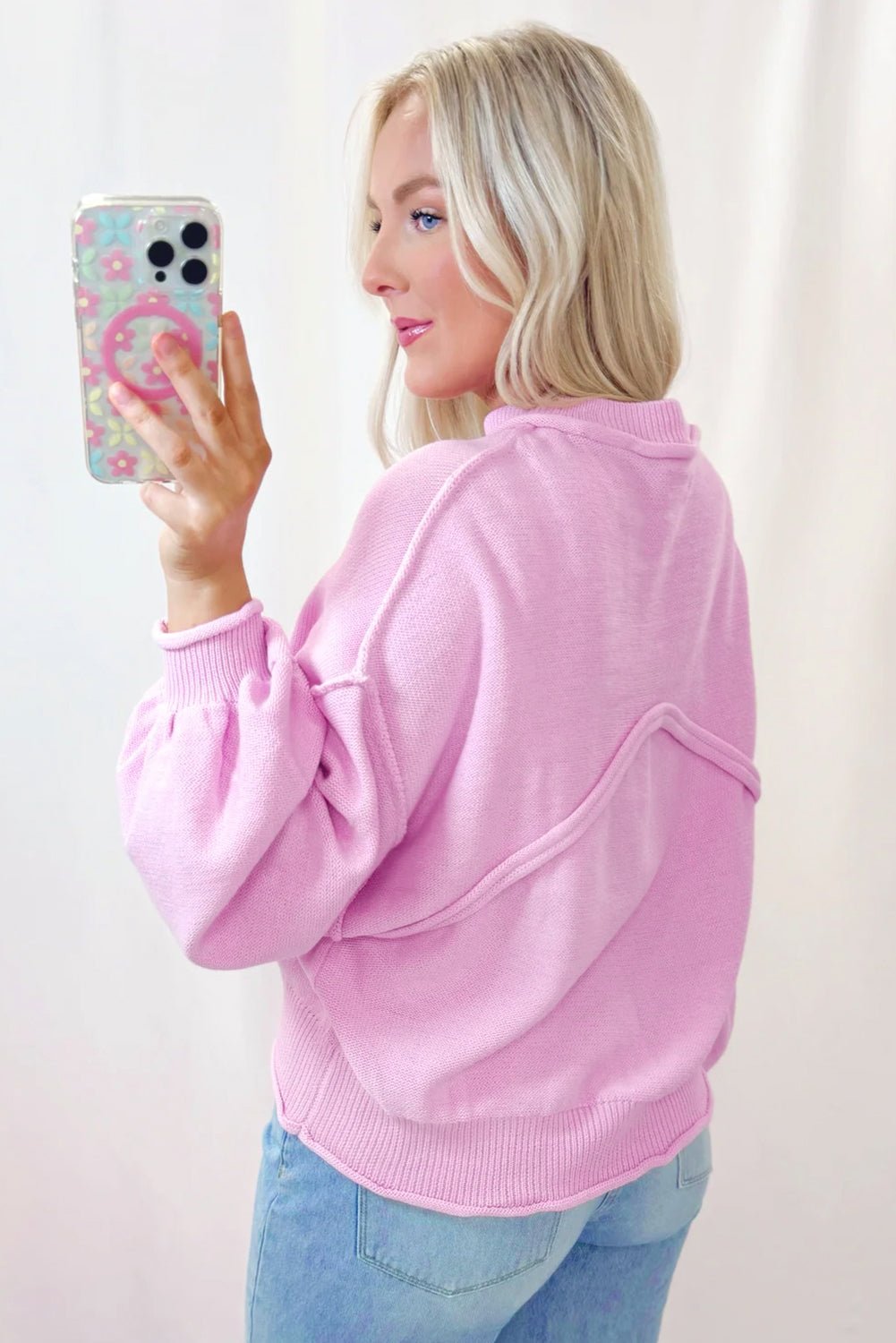 Pink Raw Edge Ribbed Detail Drop Shoulder Sweater - Goddess Vibes