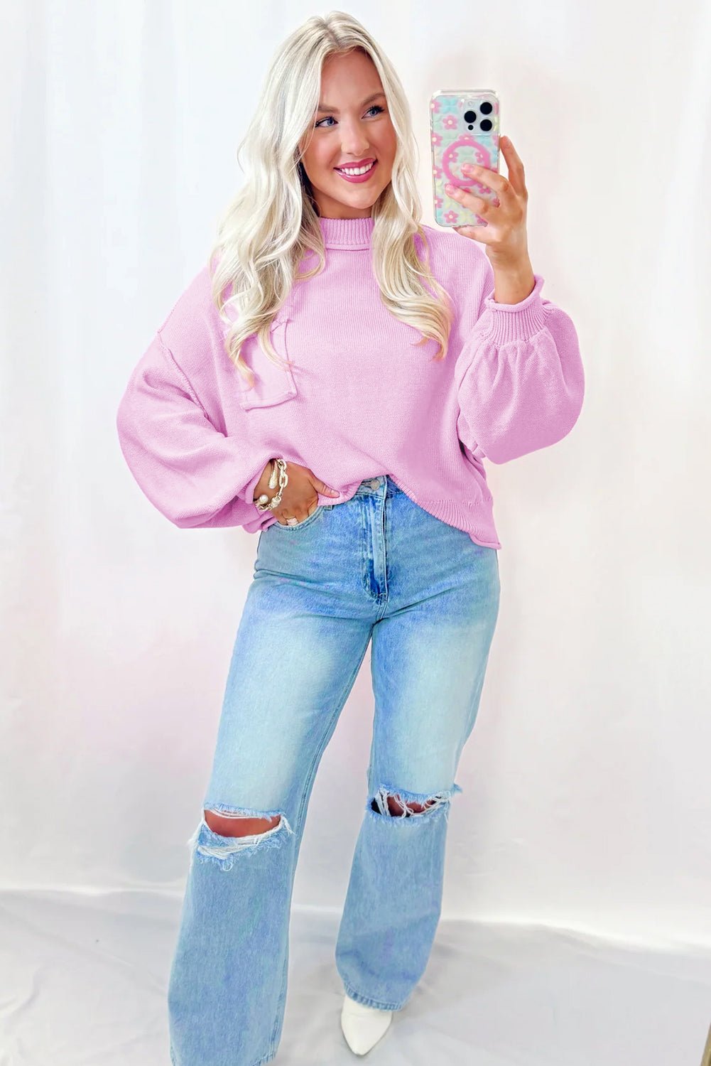 Pink Raw Edge Ribbed Detail Drop Shoulder Sweater - Goddess Vibes