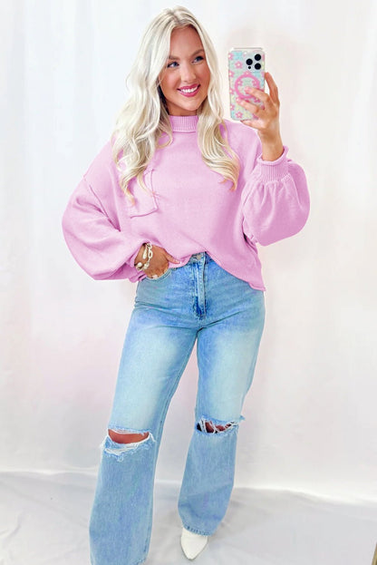 Pink Raw Edge Ribbed Detail Drop Shoulder Sweater - Goddess Vibes