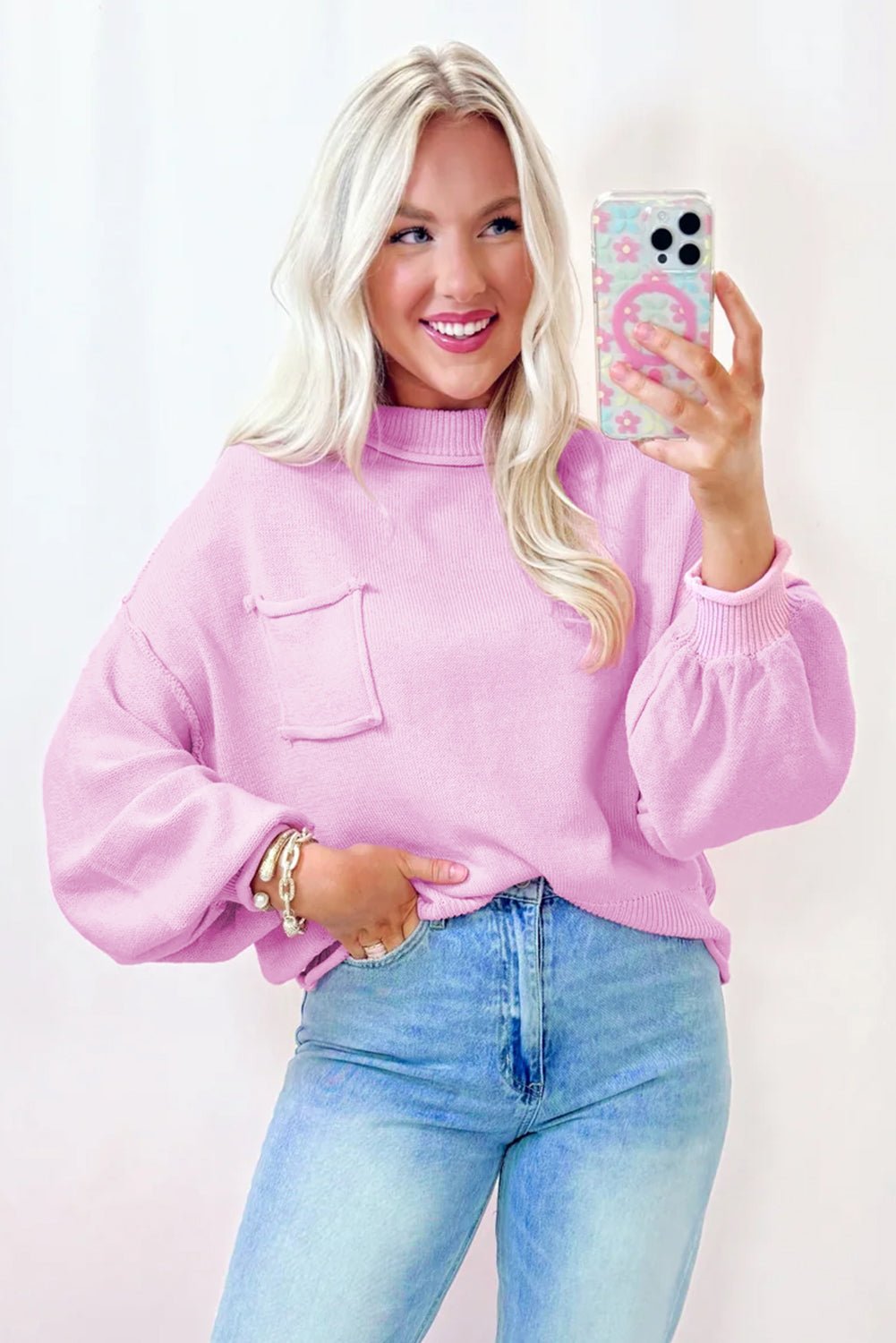 Pink Raw Edge Ribbed Detail Drop Shoulder Sweater - Goddess Vibes