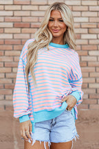 Pink Stripe Contrast Trim High Low Pullover Tunic Sweatshirt - Goddess Vibes