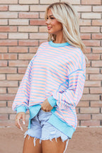 Pink Stripe Contrast Trim High Low Pullover Tunic Sweatshirt - Goddess Vibes