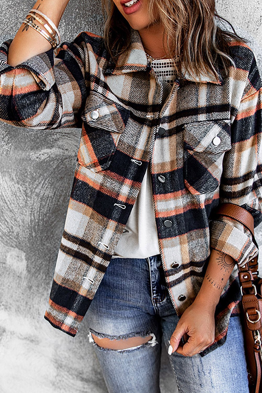 Plaid Button Front Shirt Jacket with Breast Pockets - Crowned Energy CO.