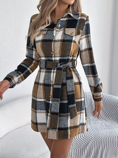Plaid Button Front Tie Waist Shirt Dress - Goddess Vibes