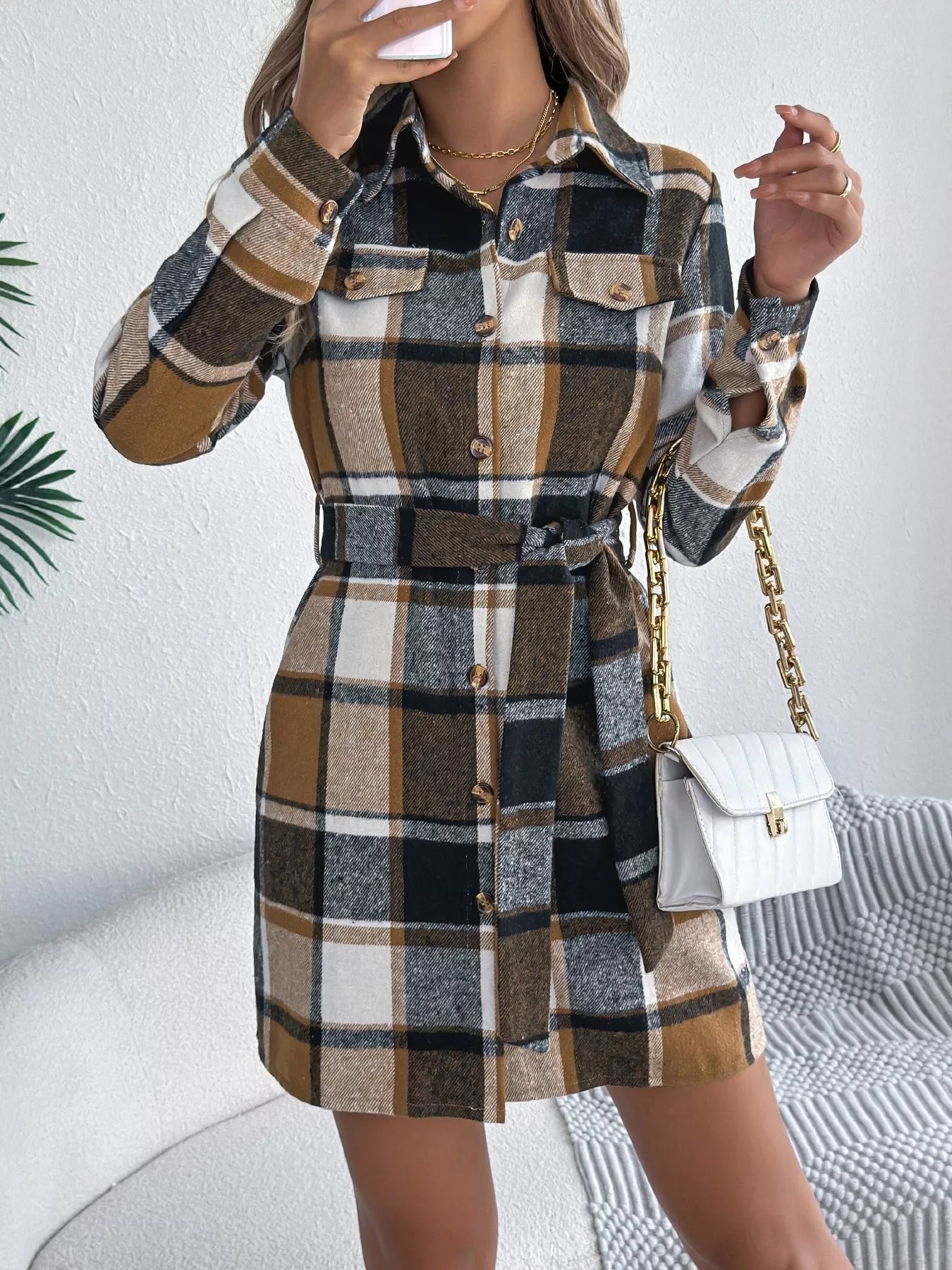 Plaid Button Front Tie Waist Shirt Dress - Goddess Vibes