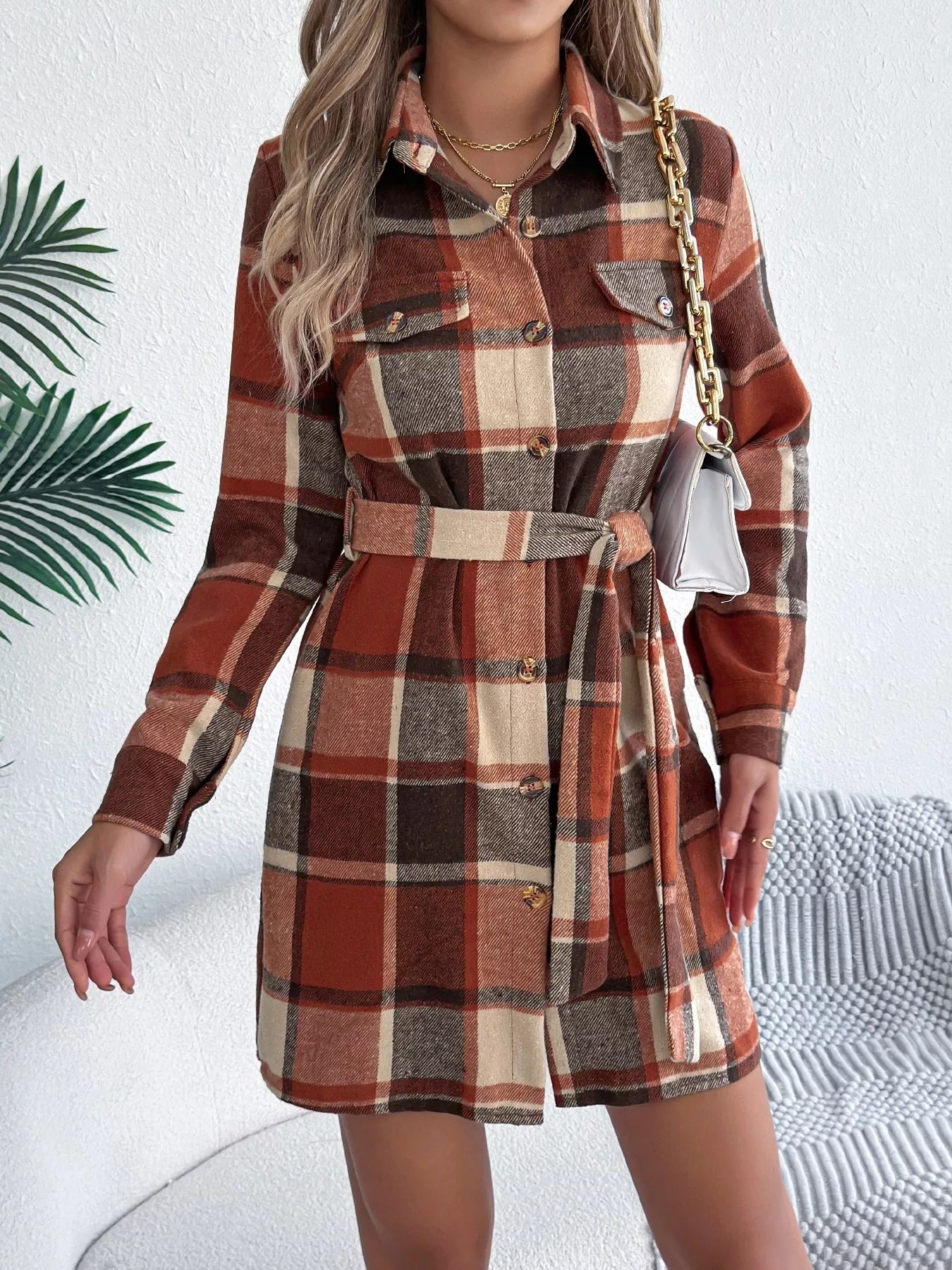 Plaid Button Front Tie Waist Shirt Dress - Goddess Vibes