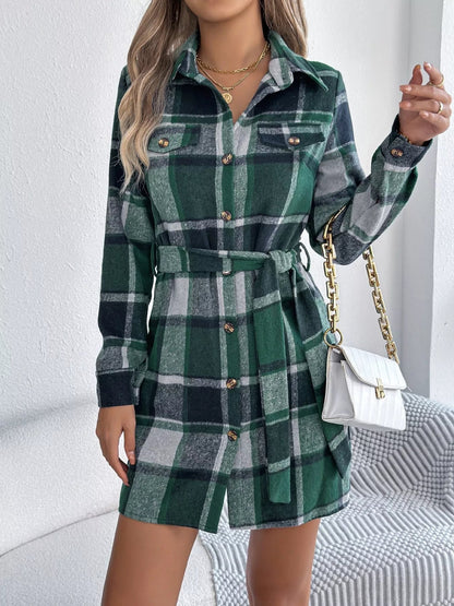Plaid Button Front Tie Waist Shirt Dress - Goddess Vibes