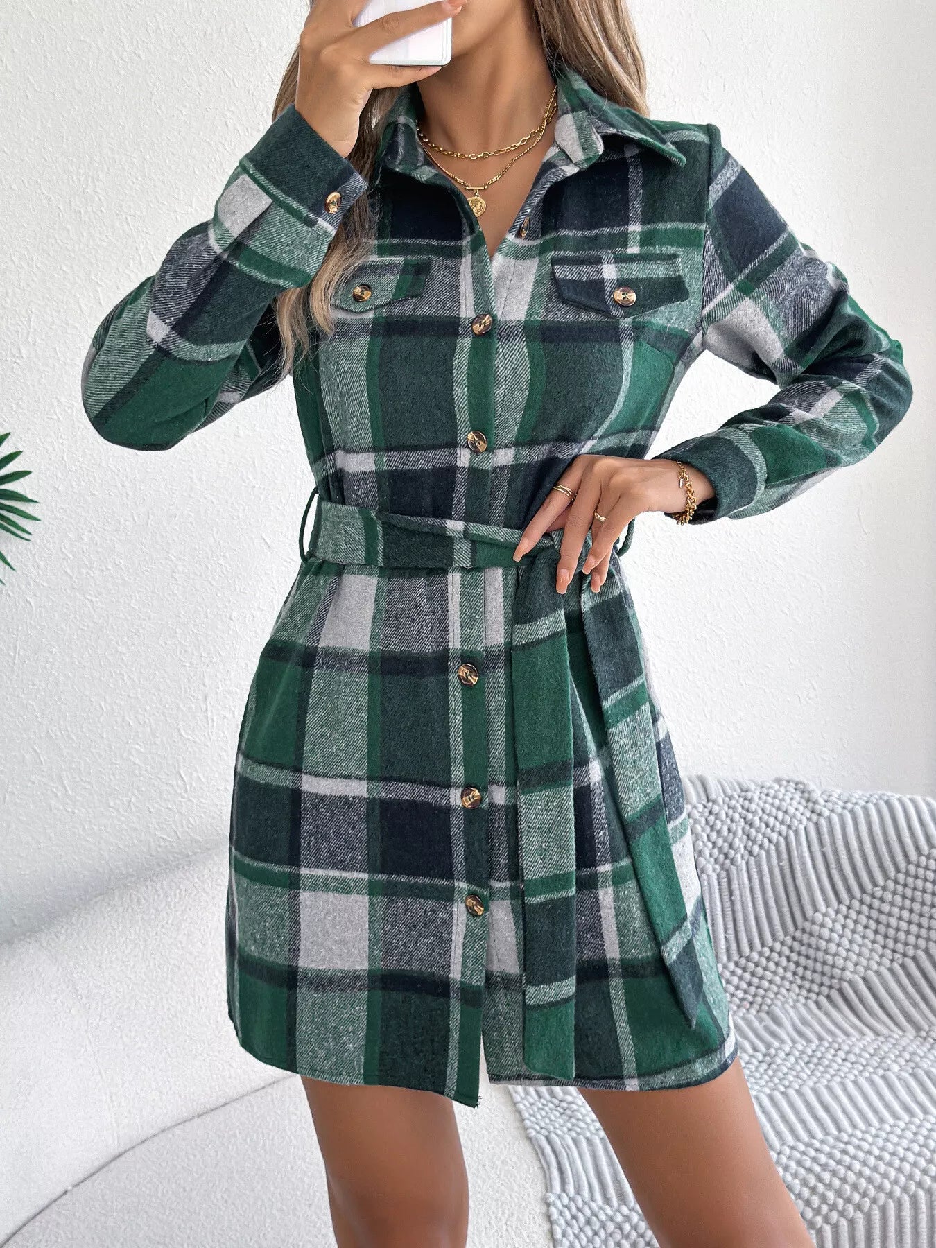 Plaid Button Front Tie Waist Shirt Dress - Goddess Vibes