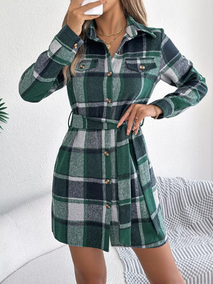 Plaid Button Front Tie Waist Shirt Dress - Goddess Vibes