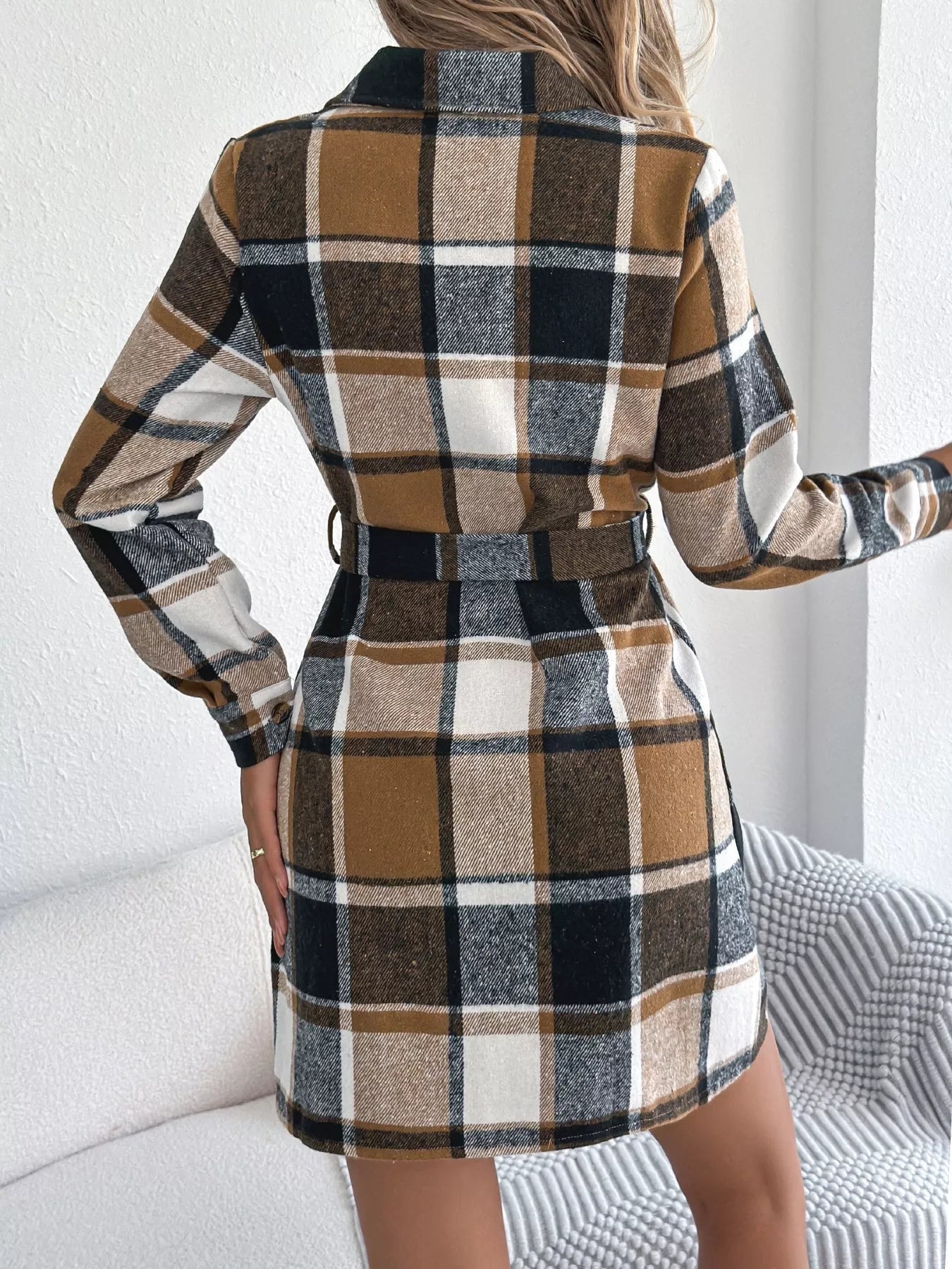 Plaid Button Front Tie Waist Shirt Dress - Goddess Vibes