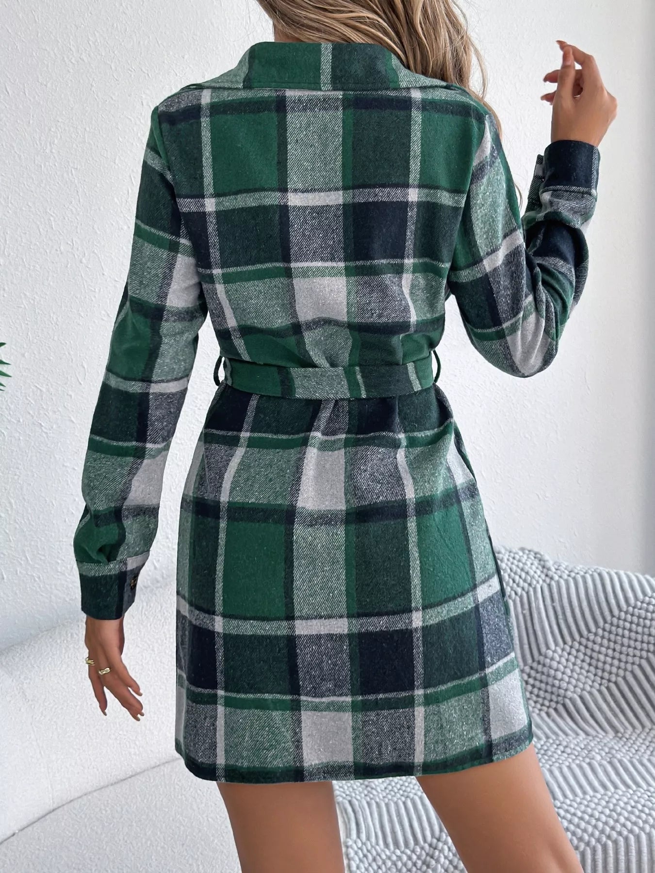 Plaid Button Front Tie Waist Shirt Dress - Goddess Vibes
