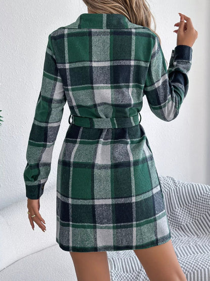 Plaid Button Front Tie Waist Shirt Dress - Goddess Vibes