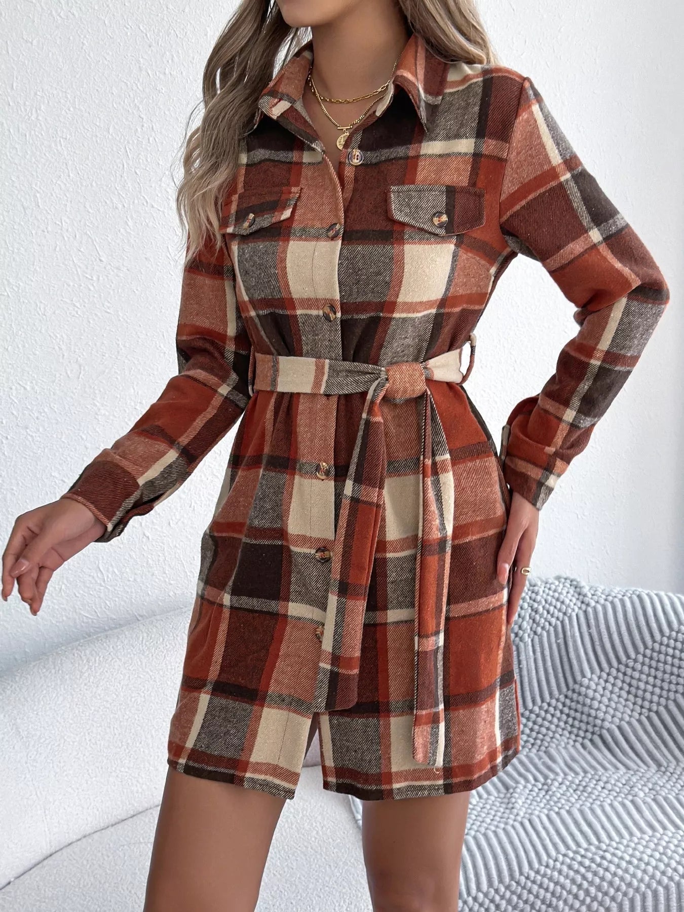 Plaid Button Front Tie Waist Shirt Dress - Goddess Vibes