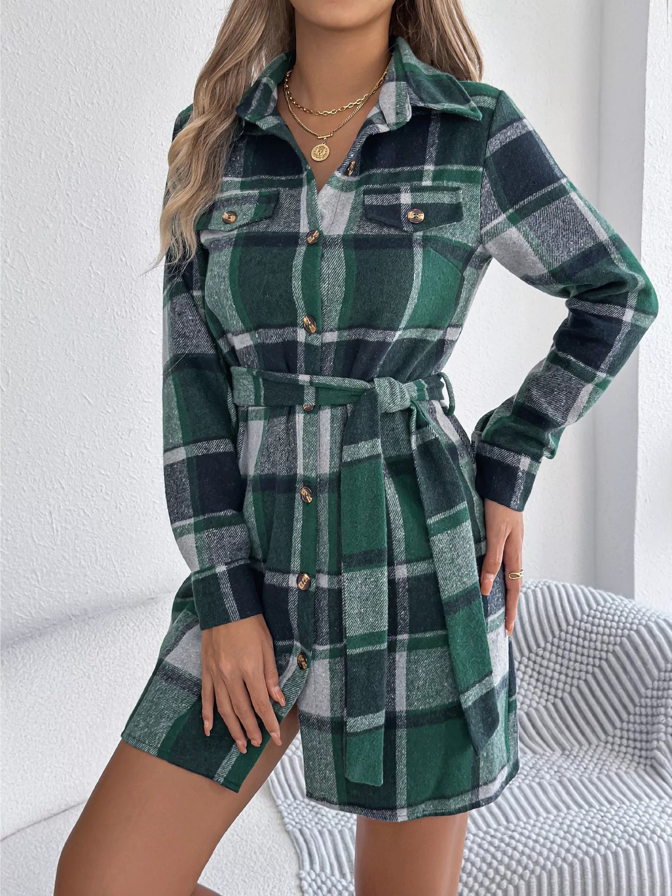 Plaid Button Front Tie Waist Shirt Dress - Goddess Vibes