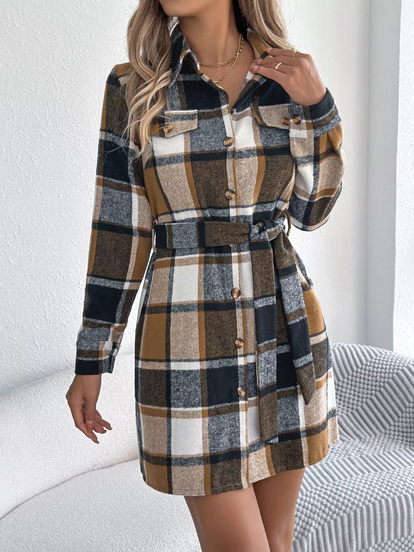 Plaid Button Front Tie Waist Shirt Dress - Goddess Vibes