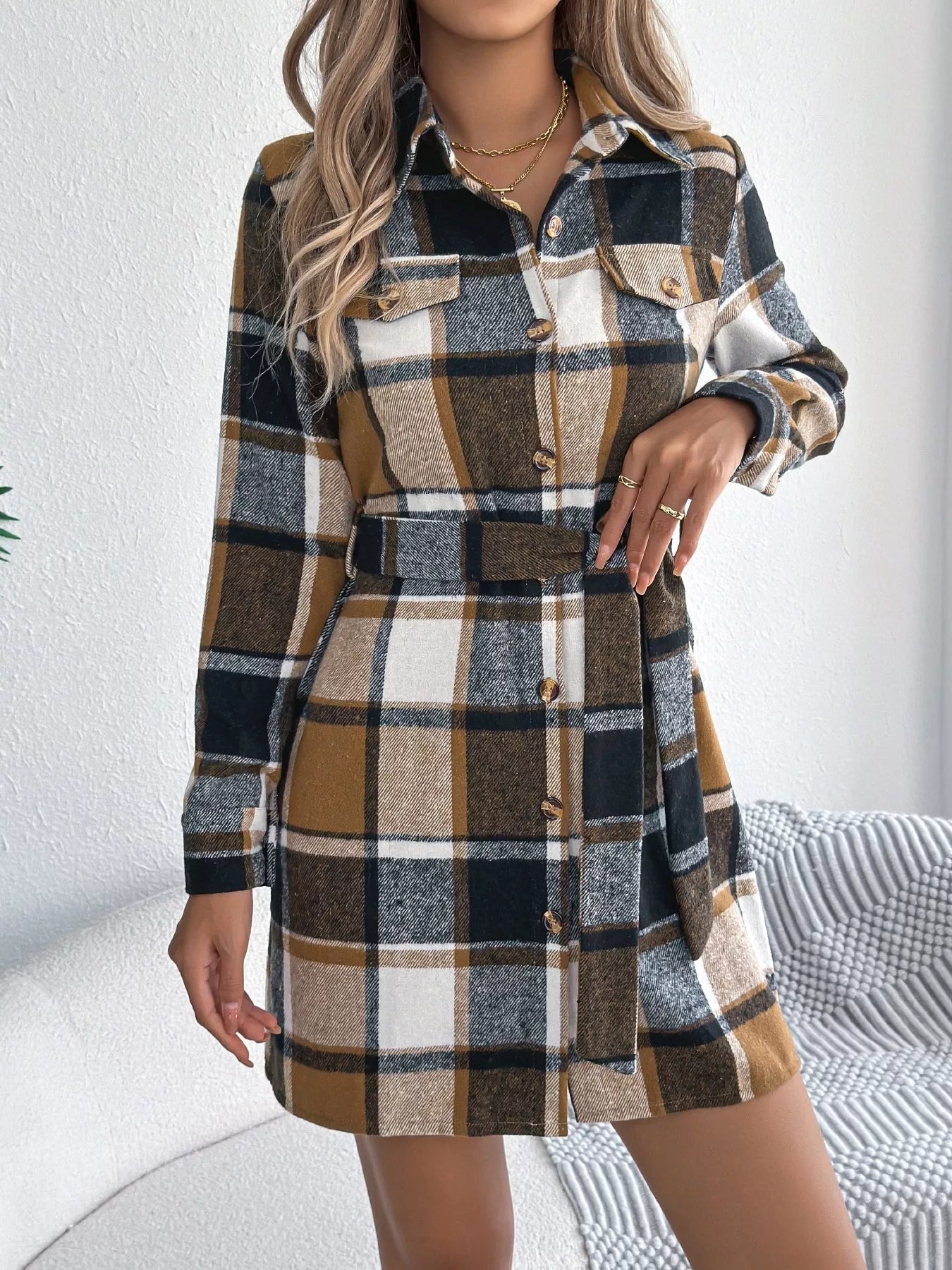 Plaid Button Front Tie Waist Shirt Dress - Goddess Vibes