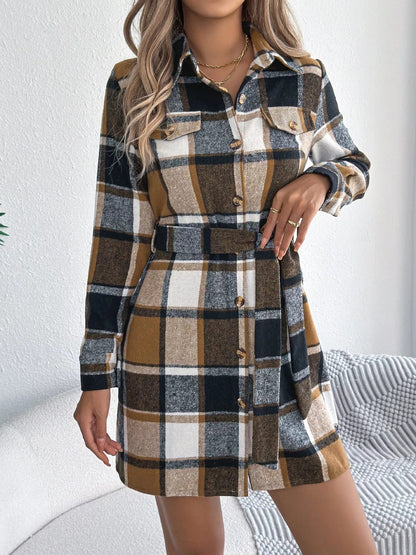 Plaid Button Front Tie Waist Shirt Dress - Goddess Vibes