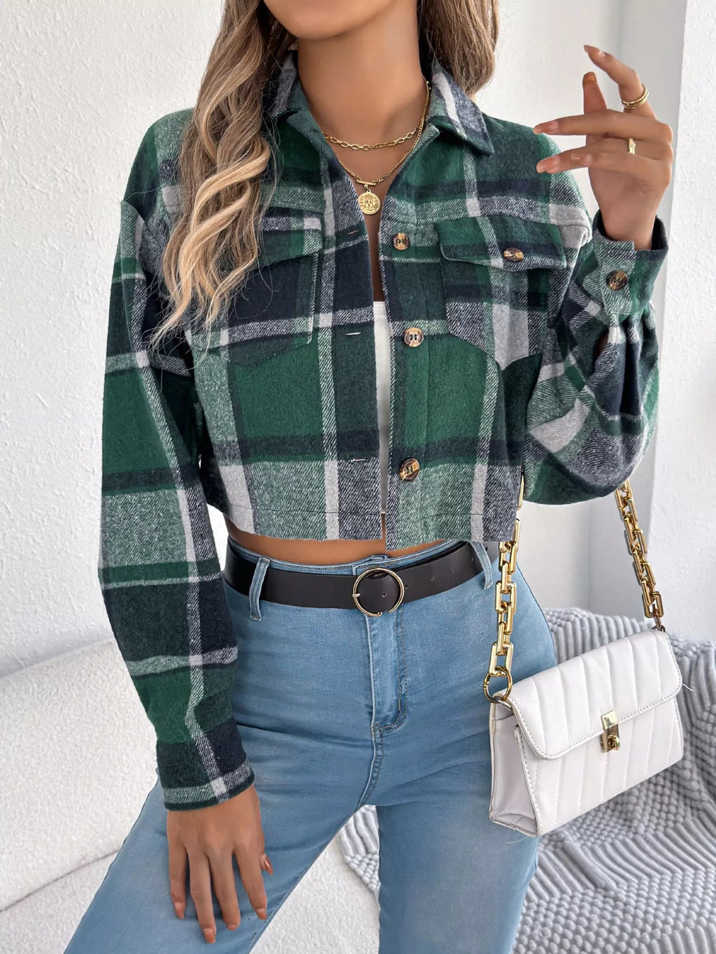 Plaid Button Up Cropped Jacket - Goddess Vibes