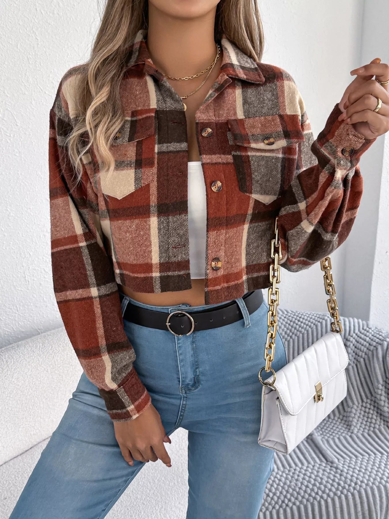 Plaid Button Up Cropped Jacket - Goddess Vibes