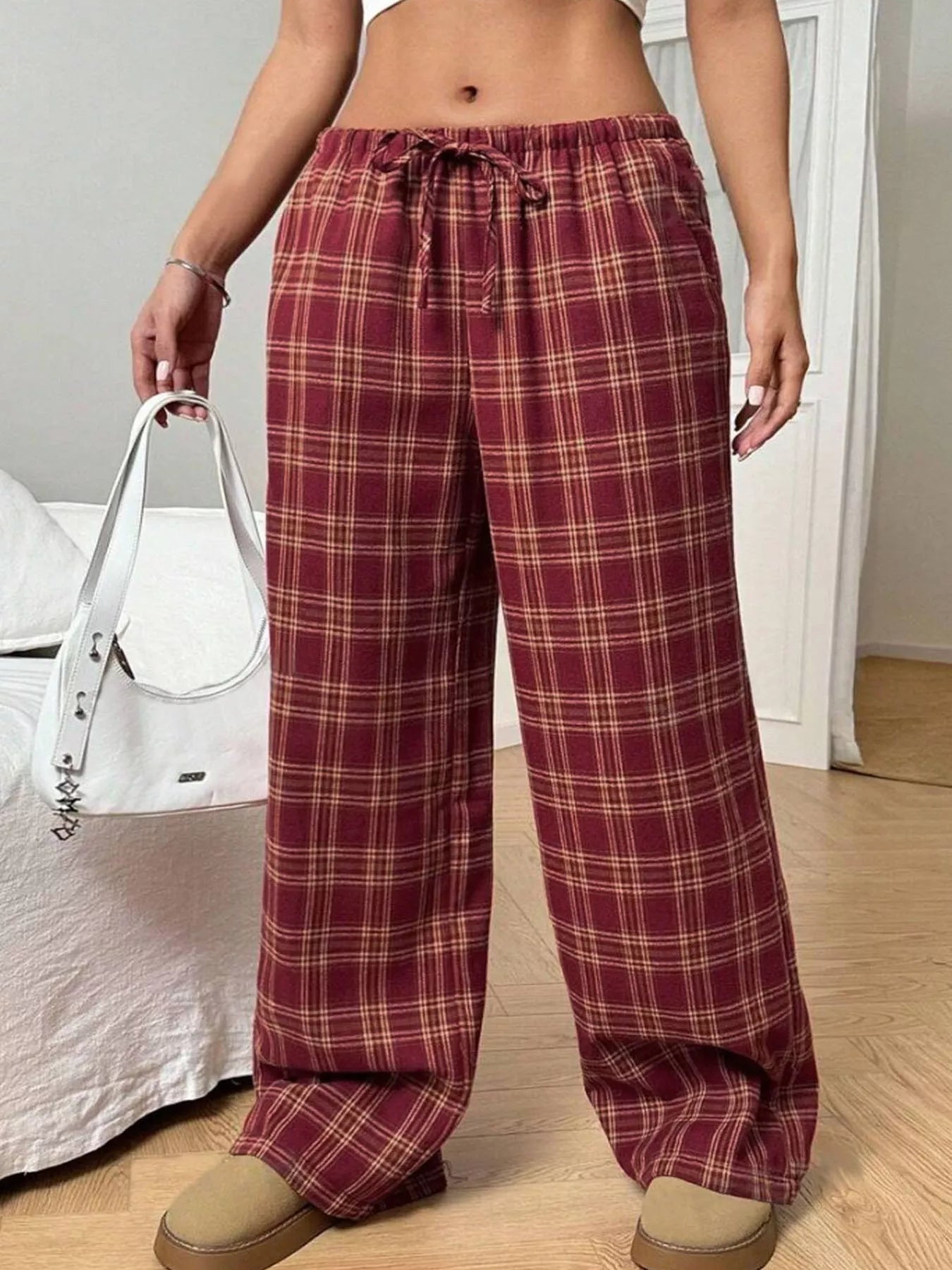Plaid Drawstring Wide Leg Pants - Goddess Vibes