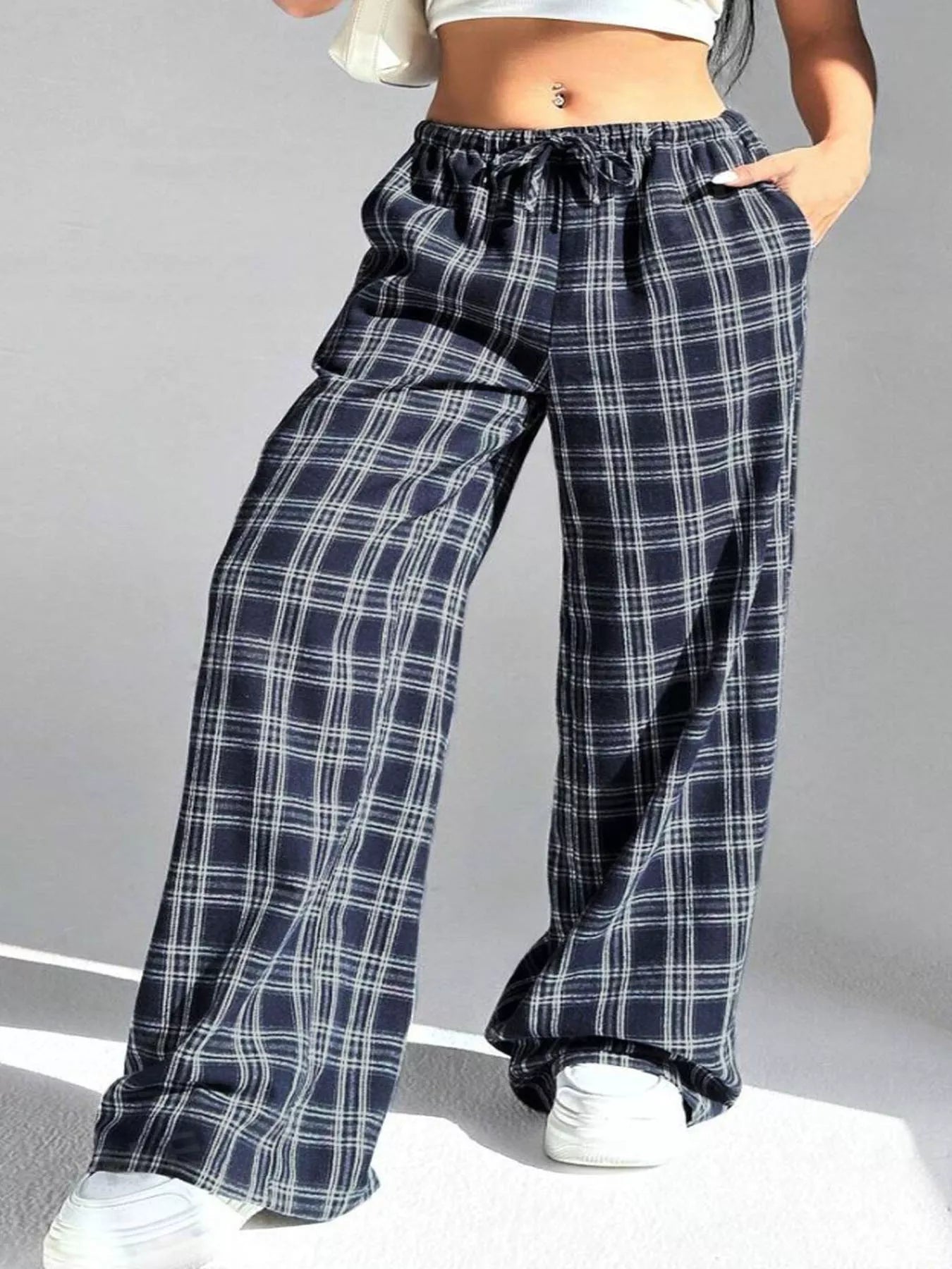 Plaid Drawstring Wide Leg Pants - Goddess Vibes