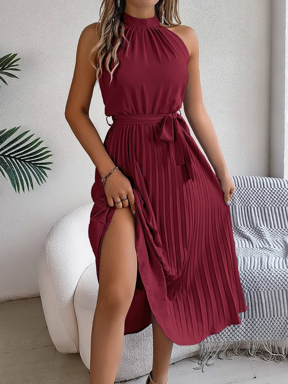Pleated Tie Waist Sleeveless Midi Dress - Crowned Energy CO.