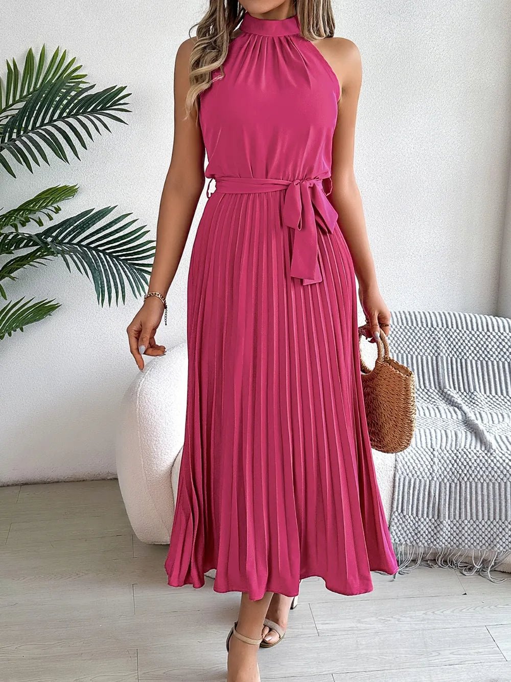 Pleated Tie Waist Sleeveless Midi Dress - Crowned Energy CO.