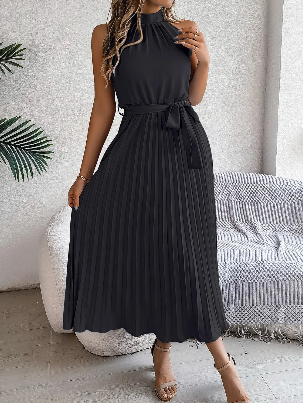 Pleated Tie Waist Sleeveless Midi Dress - Crowned Energy CO.