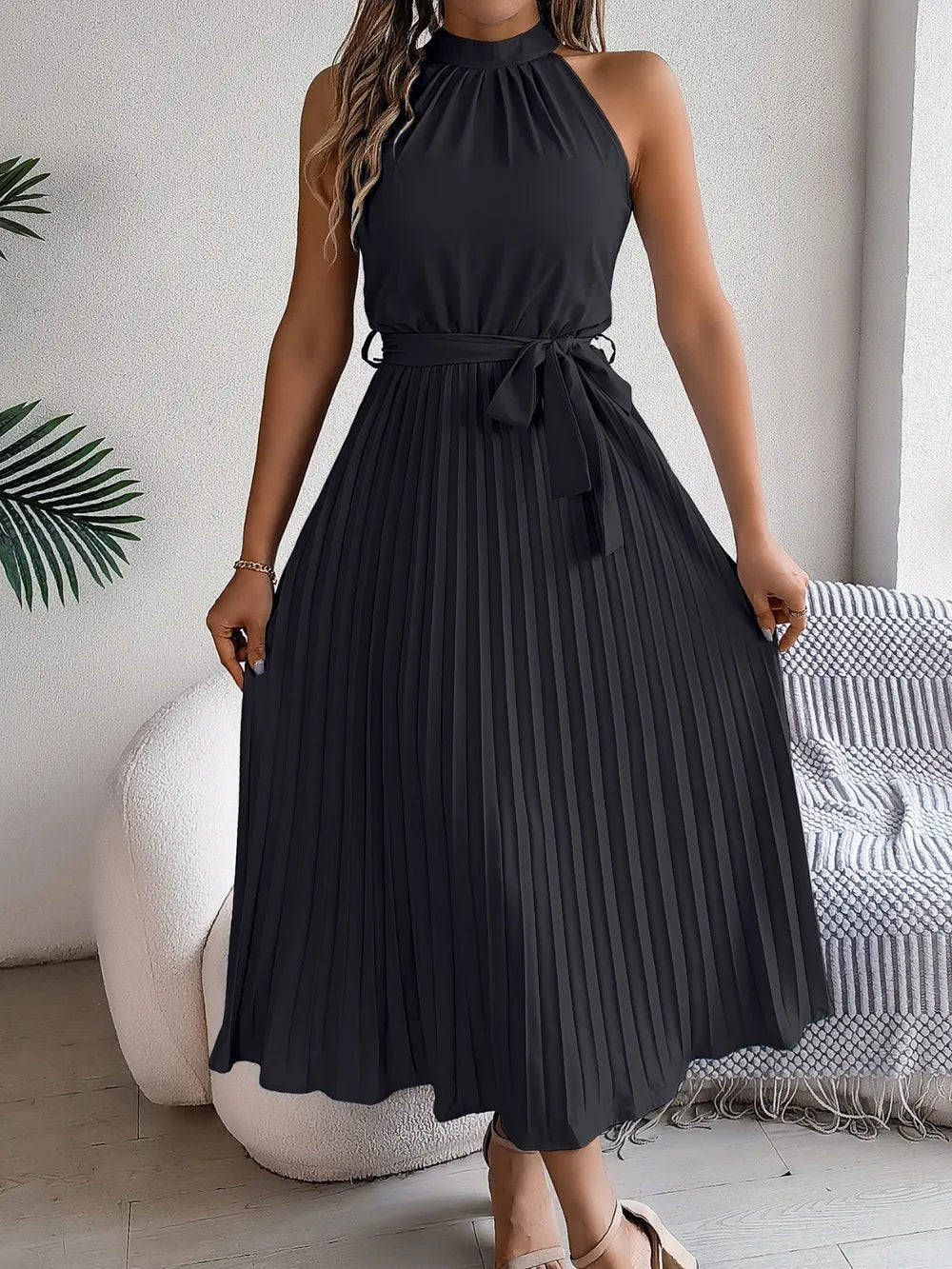 Pleated Tie Waist Sleeveless Midi Dress - Crowned Energy CO.