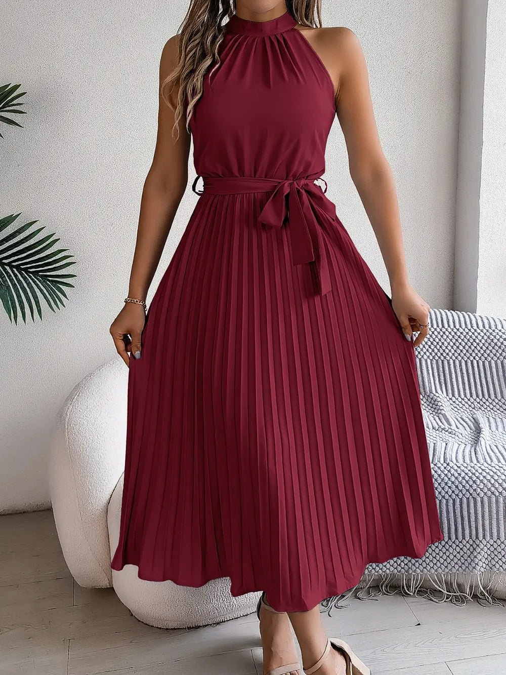 Pleated Tie Waist Sleeveless Midi Dress - Crowned Energy CO.