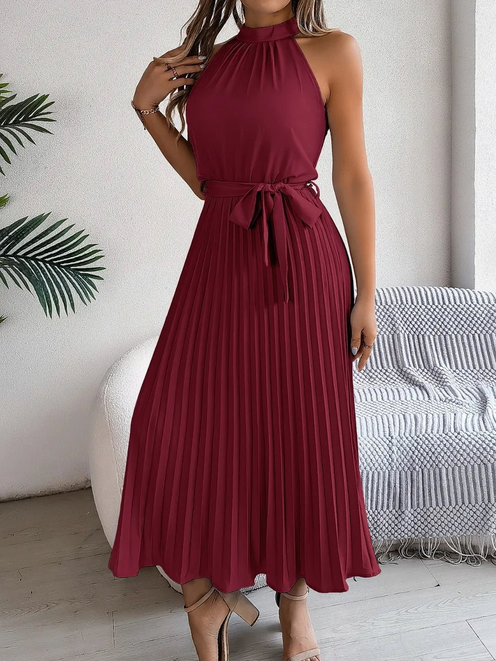 Pleated Tie Waist Sleeveless Midi Dress - Crowned Energy CO.