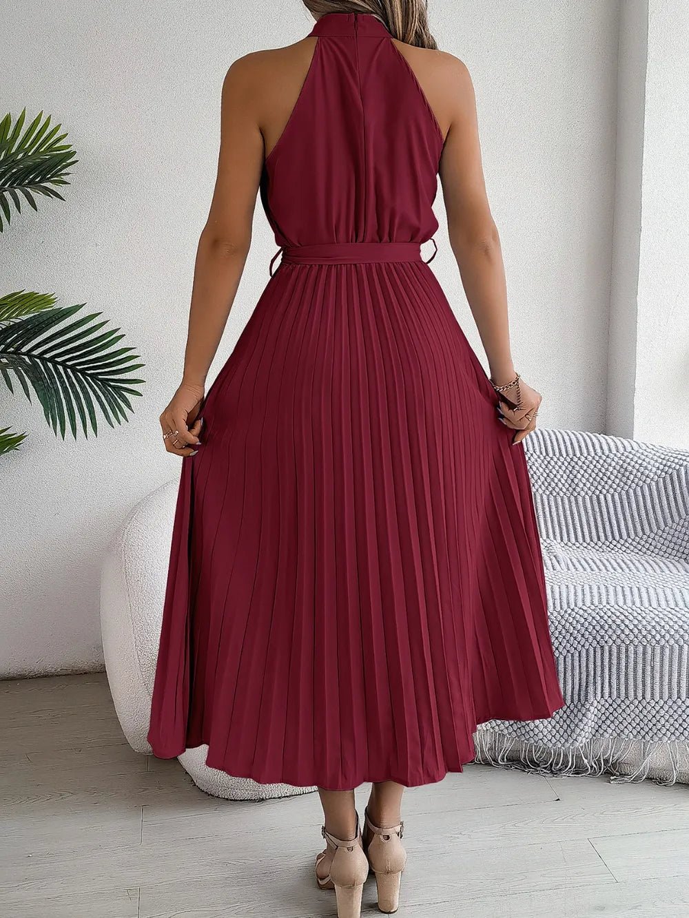Pleated Tie Waist Sleeveless Midi Dress - Crowned Energy CO.