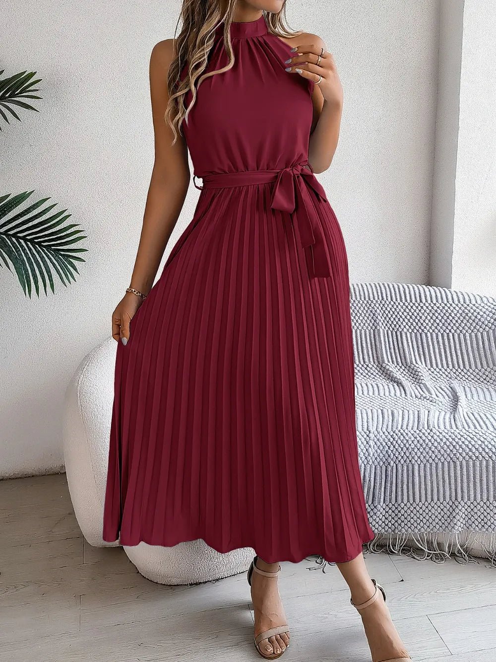 Pleated Tie Waist Sleeveless Midi Dress - Crowned Energy CO.