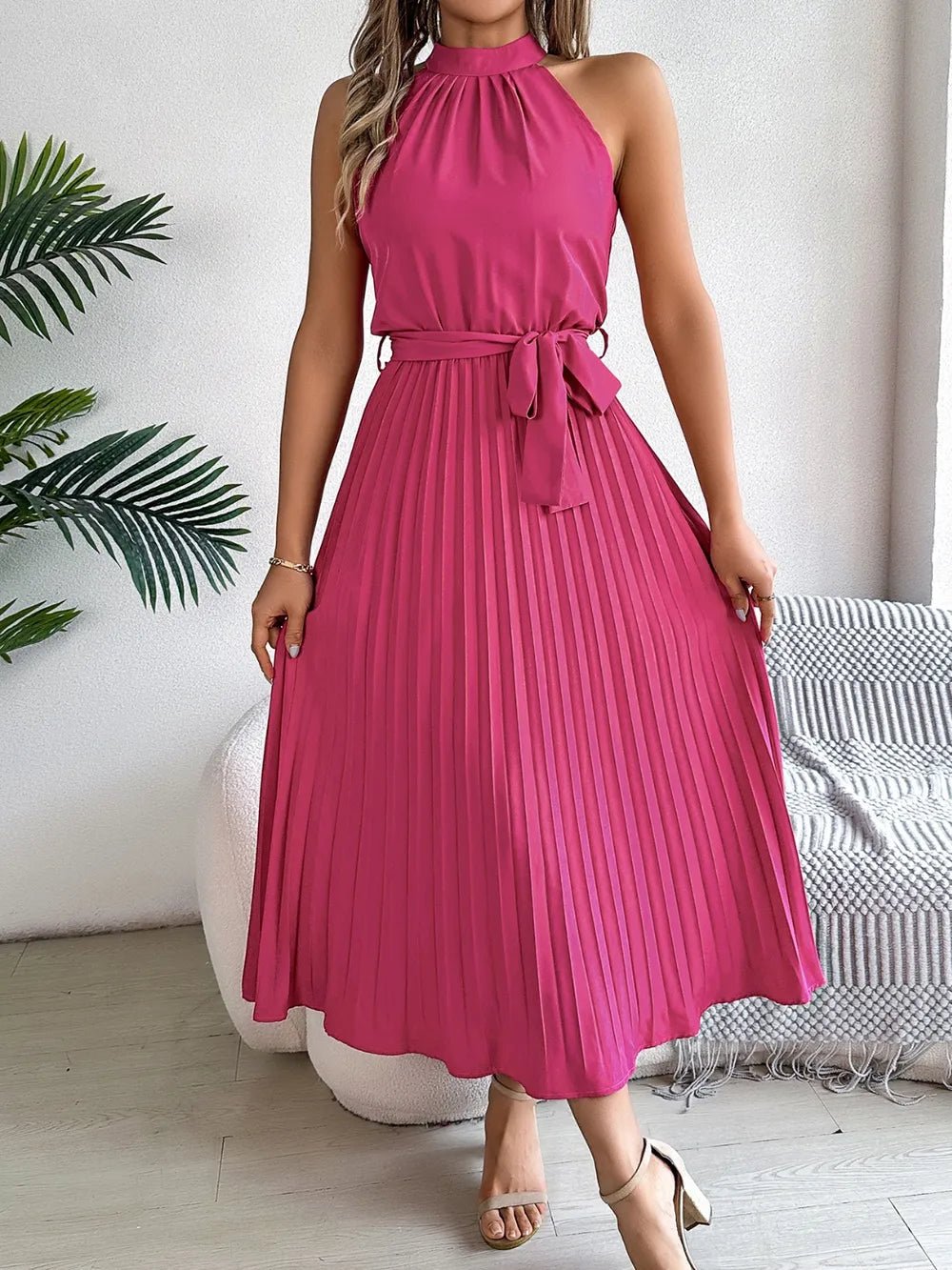Pleated Tie Waist Sleeveless Midi Dress - Crowned Energy CO.