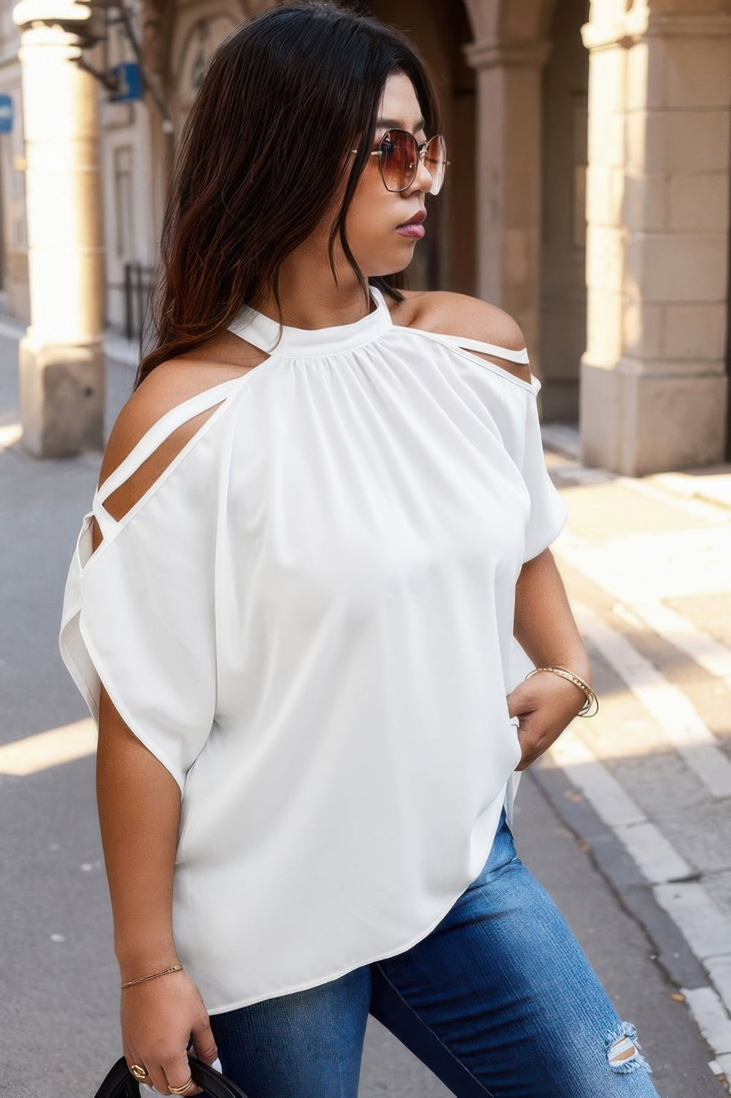 Crowned Energy CO. White / 0xl CCWHOLESALECLOTHING Halter Goddess Flow Halter Top – Plus Size Off-Shoulder Batwing Sleeve Blouse