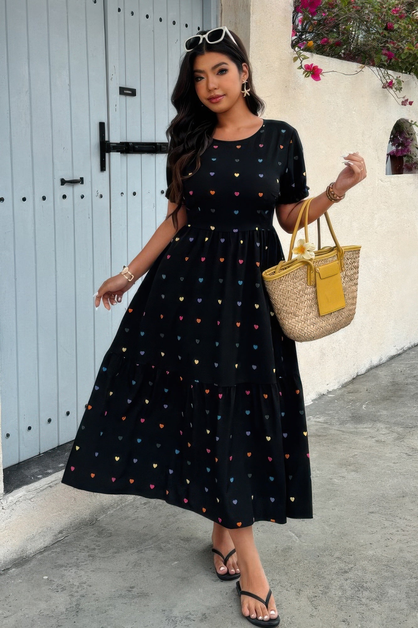 Crowned Energy CO. Black / 0xl CCWHOLESALECLOTHING Plus Heart Print Round Neck Ruffle Hem Dress