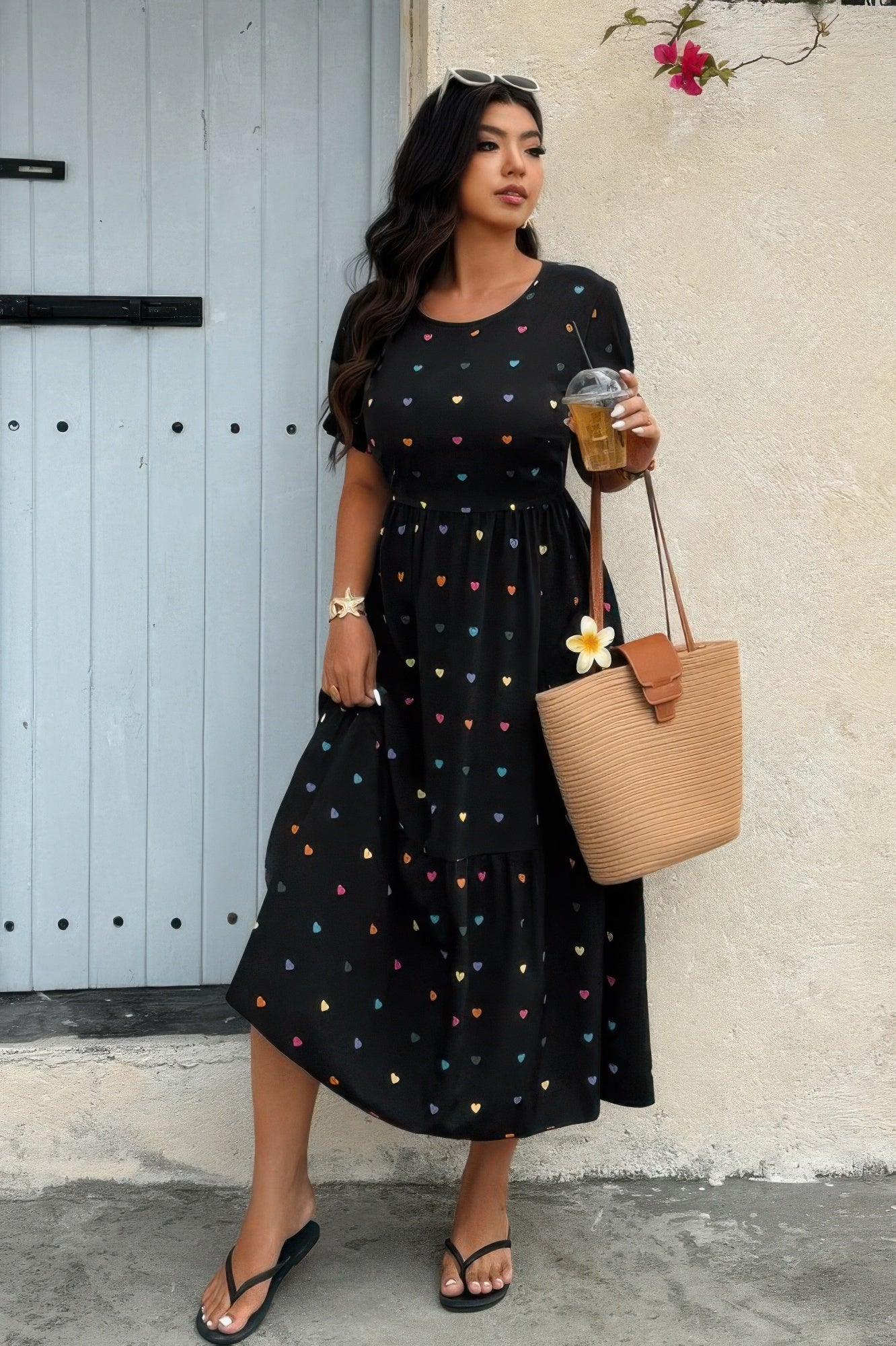 Crowned Energy CO. Black / 0xl CCWHOLESALECLOTHING Plus Heart Print Round Neck Ruffle Hem Dress