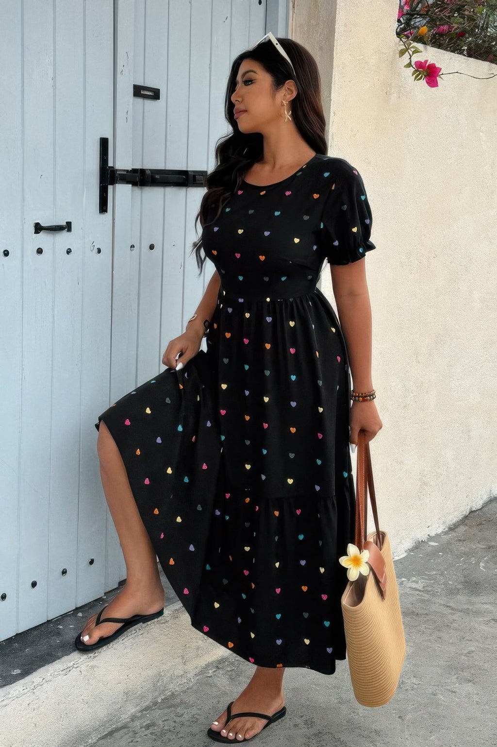 Crowned Energy CO. Black / 0xl CCWHOLESALECLOTHING Plus Heart Print Round Neck Ruffle Hem Dress