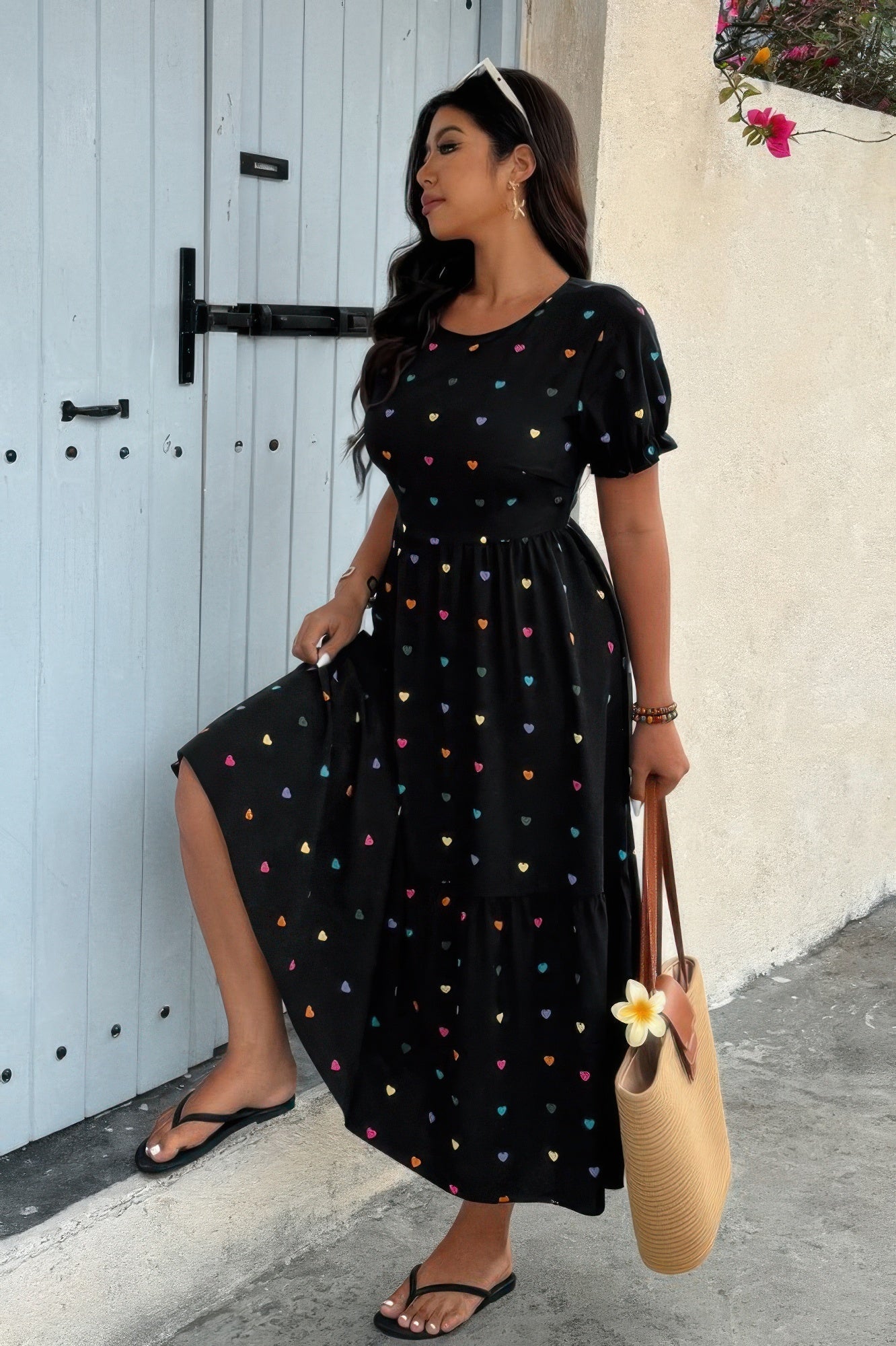 Crowned Energy CO. Black / 0xl CCWHOLESALECLOTHING Plus Heart Print Round Neck Ruffle Hem Dress