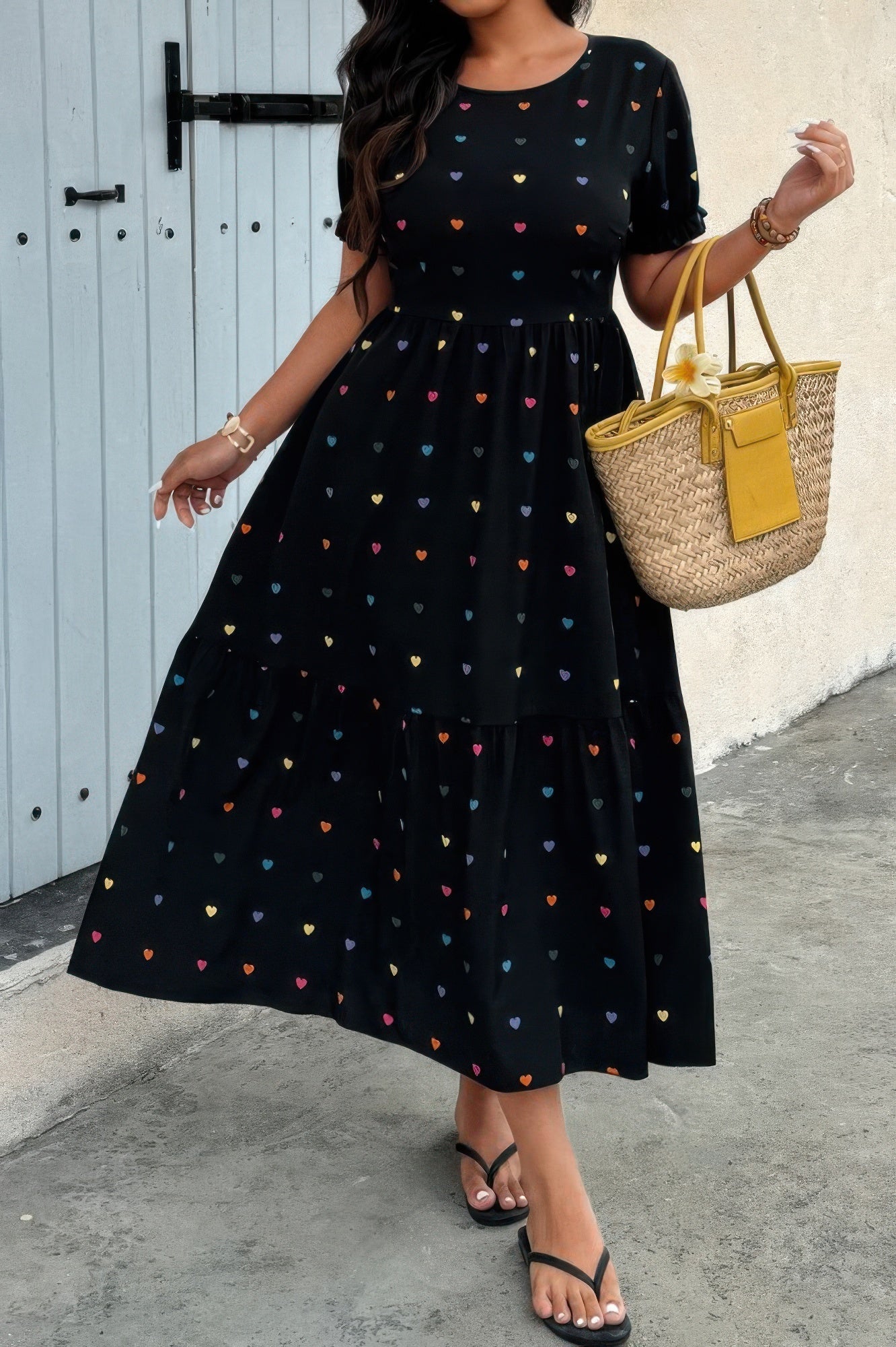 Crowned Energy CO. Black / 0xl CCWHOLESALECLOTHING Plus Heart Print Round Neck Ruffle Hem Dress