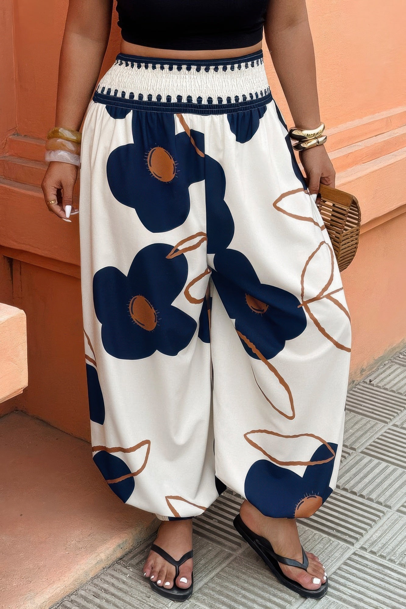 Plus Size Blue Floral Print Wide-Leg Pants - Crowned Energy CO.