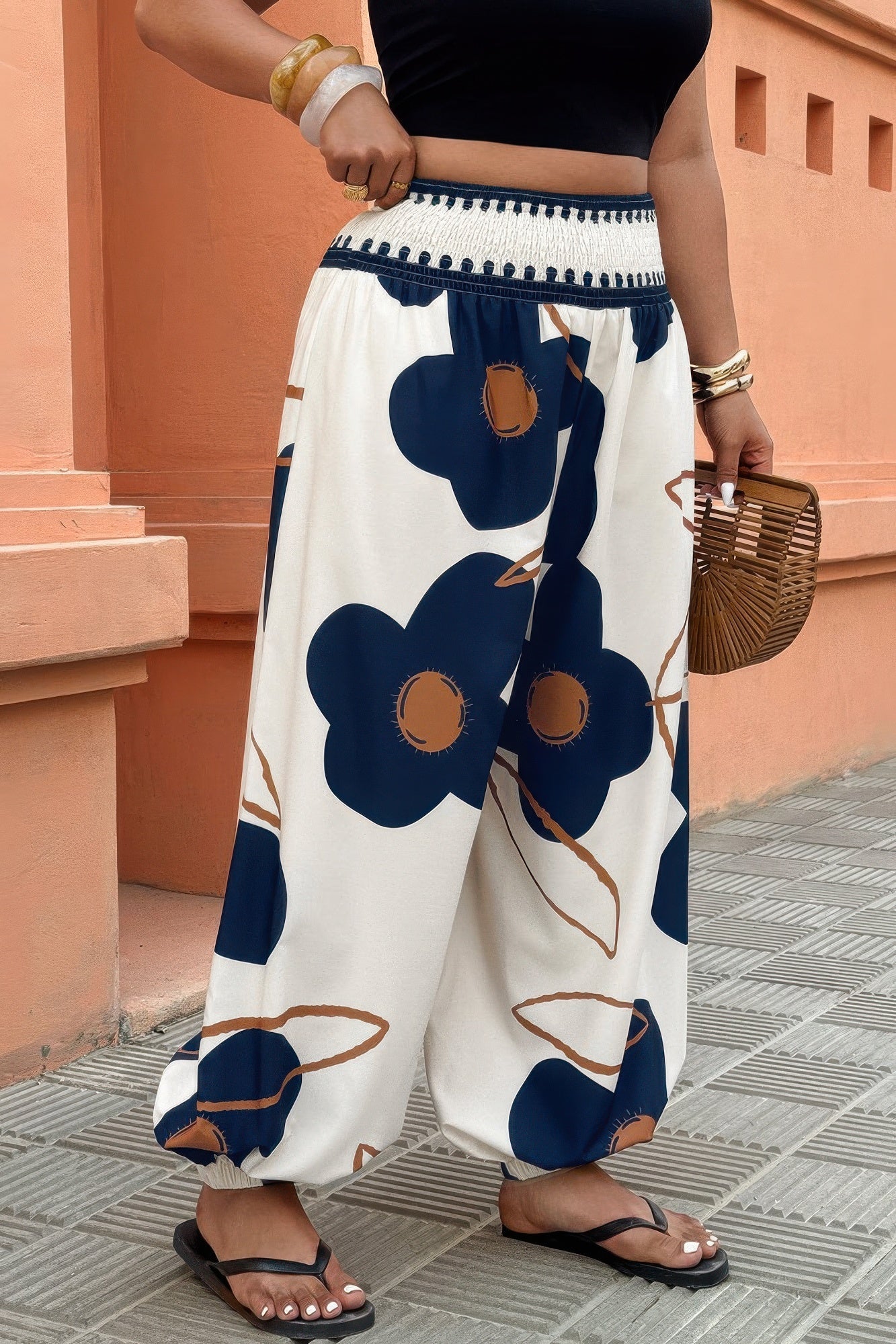 Plus Size Blue Floral Print Wide-Leg Pants - Crowned Energy CO.