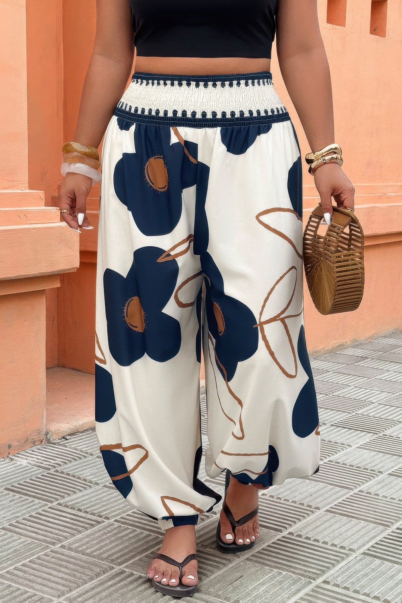 Plus Size Blue Floral Print Wide-Leg Pants - Crowned Energy CO.