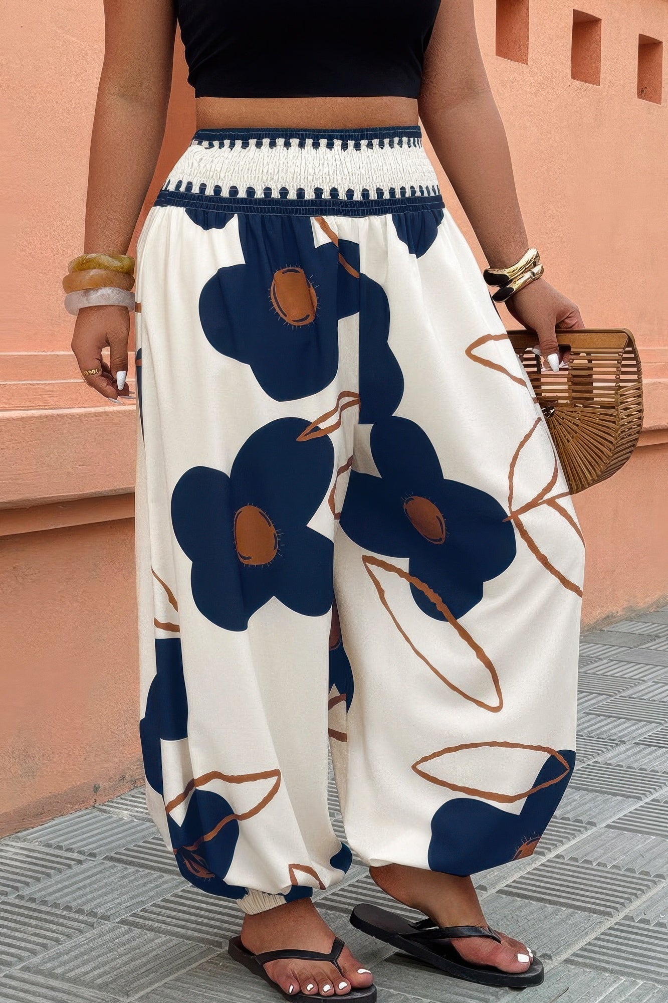 Plus Size Blue Floral Print Wide-Leg Pants - Crowned Energy CO.