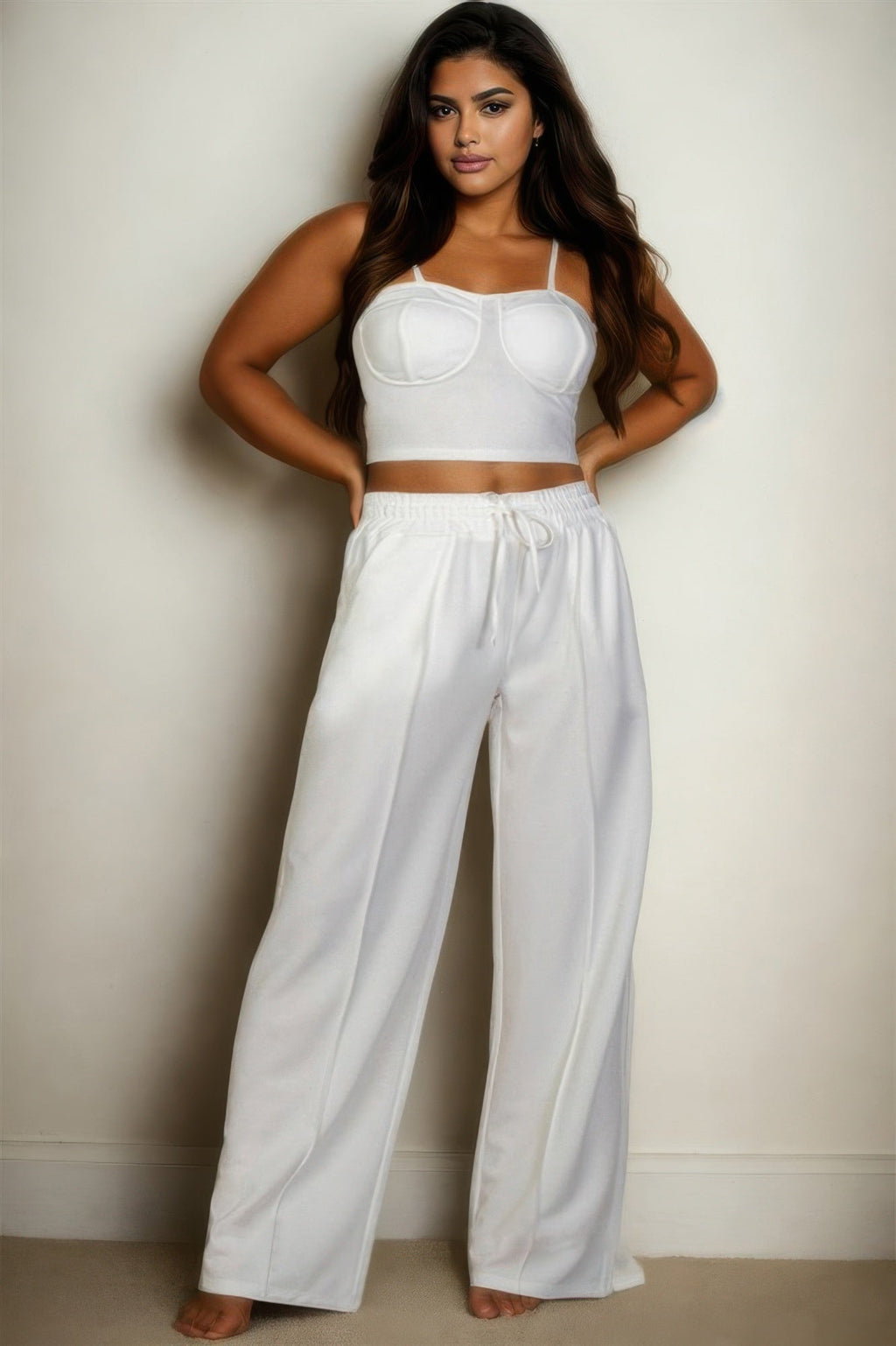 Plus Size Bustier Crop Cami Top & Slant Pocket Straight Pants - Goddess Vibes